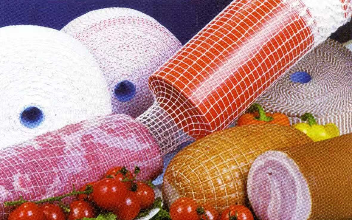 Elastic netting rolls and finished meat products in several sizes and colours